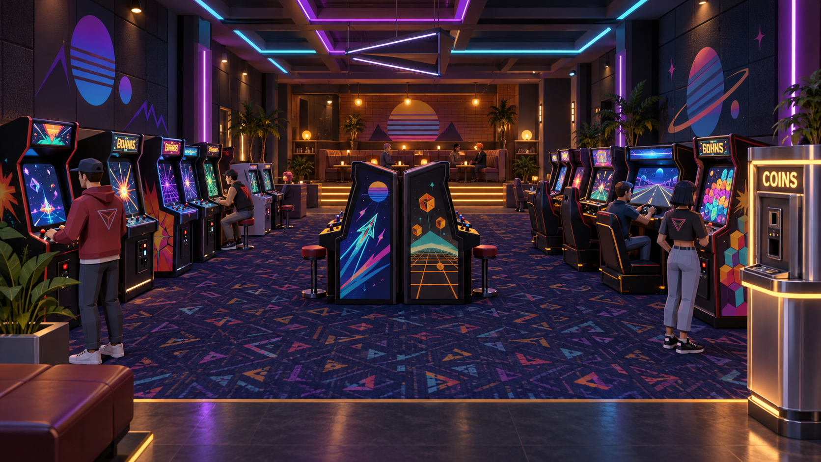 Arcade entrance concept with neon cabinets and a warm rear lounge
